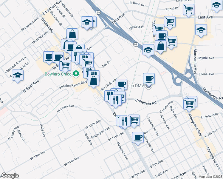 map of restaurants, bars, coffee shops, grocery stores, and more near 12 Williamsburg Lane in Chico