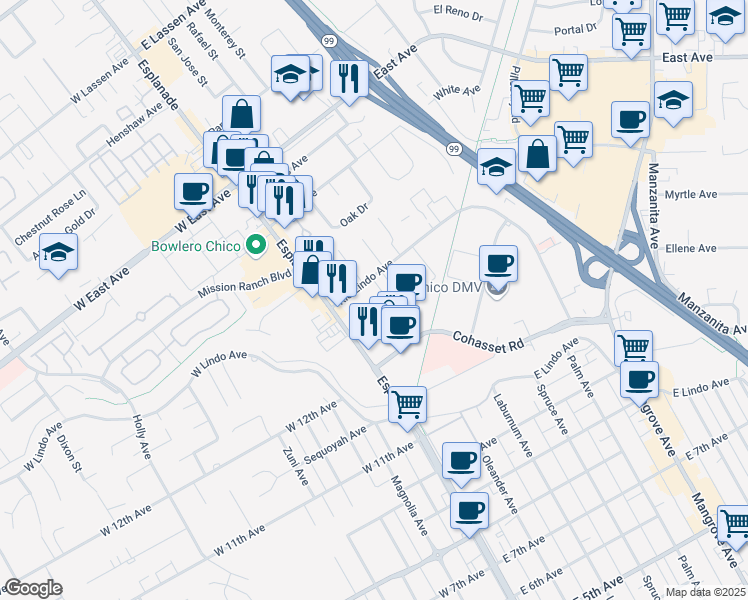 map of restaurants, bars, coffee shops, grocery stores, and more near 21 Williamsburg Lane in Chico