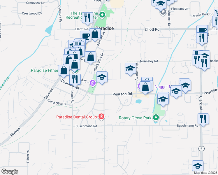 map of restaurants, bars, coffee shops, grocery stores, and more near 5682 Scottwood Road in Paradise