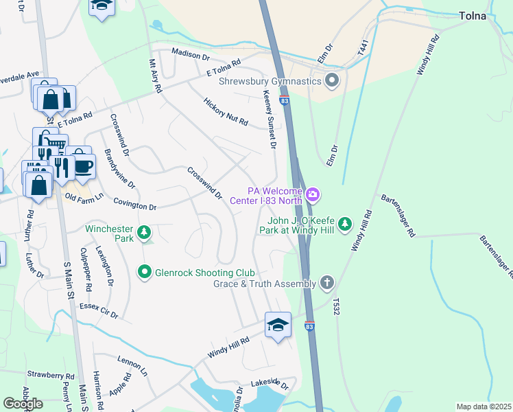 map of restaurants, bars, coffee shops, grocery stores, and more near 17186 Russett Farm Drive in Shrewsbury
