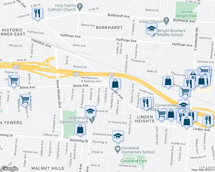 map of restaurants, bars, coffee shops, grocery stores, and more near 1732 Xenia Avenue in Dayton