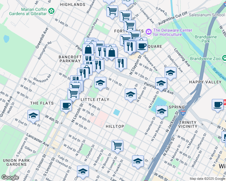 map of restaurants, bars, coffee shops, grocery stores, and more near 1615 West 10th Street in Wilmington
