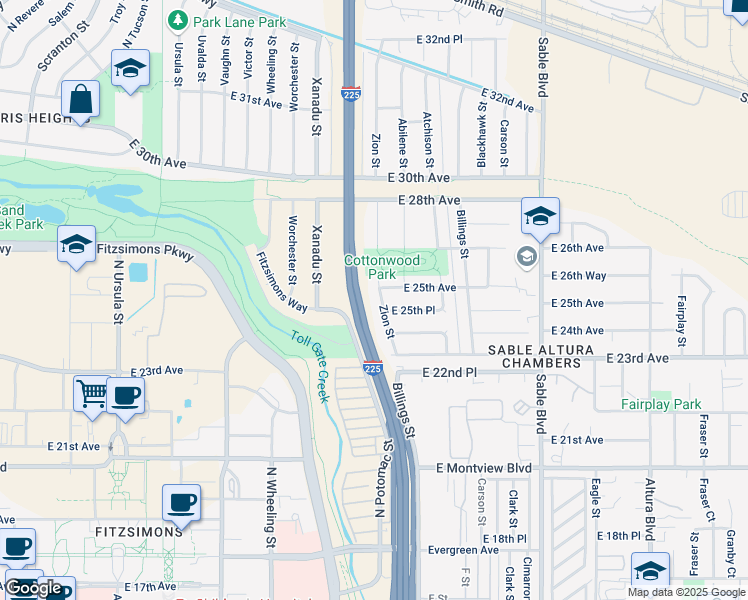 map of restaurants, bars, coffee shops, grocery stores, and more near 13706 East 25th Avenue in Aurora