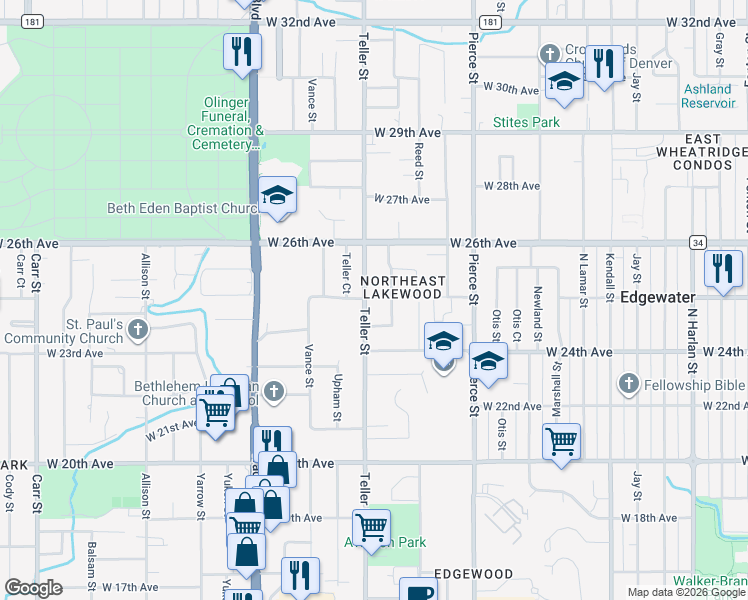 map of restaurants, bars, coffee shops, grocery stores, and more near 2460 Teller Street in Lakewood