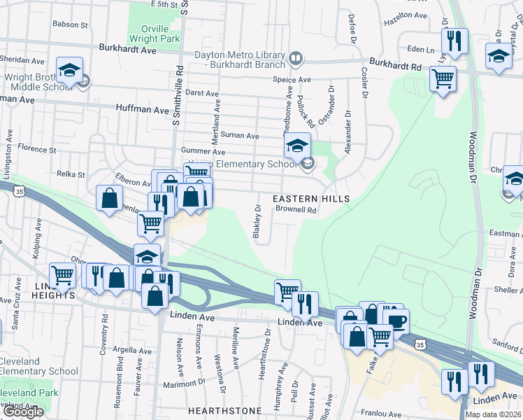 map of restaurants, bars, coffee shops, grocery stores, and more near 1036 Blakley Drive in Dayton