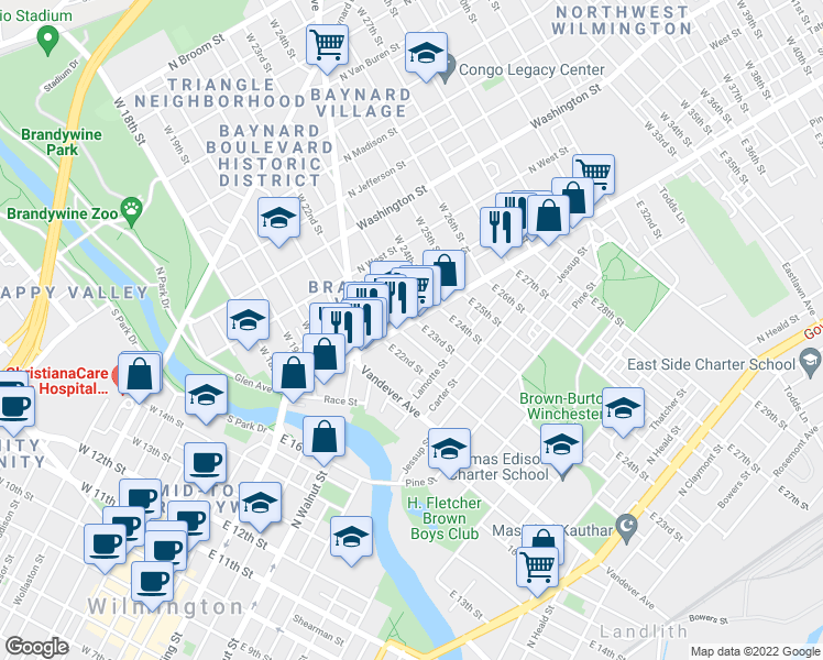 map of restaurants, bars, coffee shops, grocery stores, and more near 2222 North Market Street in Wilmington