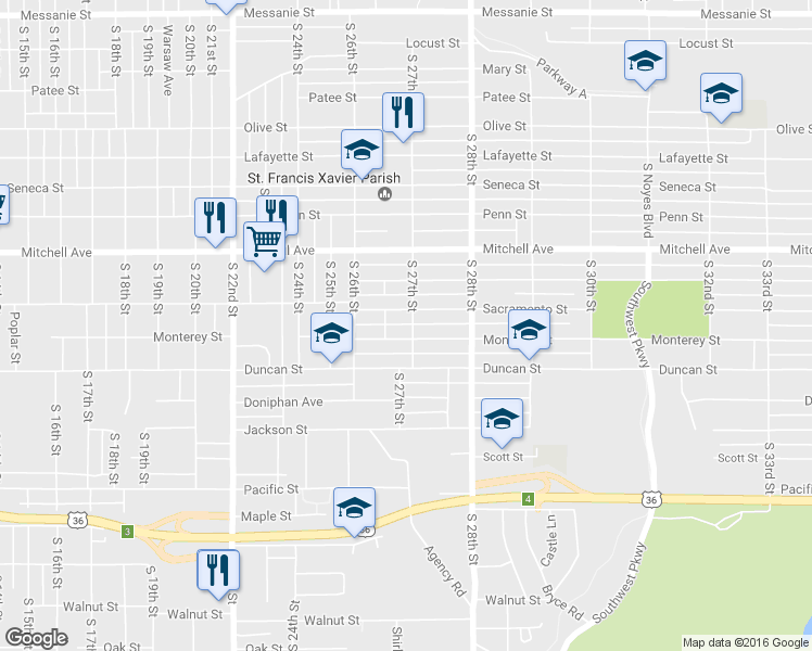 map of restaurants, bars, coffee shops, grocery stores, and more near 1512 South 27th Street in Saint Joseph