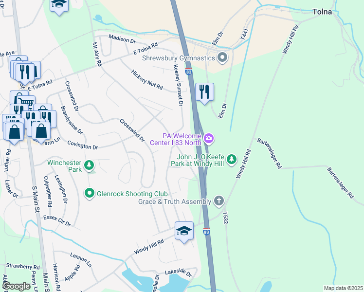 map of restaurants, bars, coffee shops, grocery stores, and more near 17181 Mount Airy Road in Shrewsbury