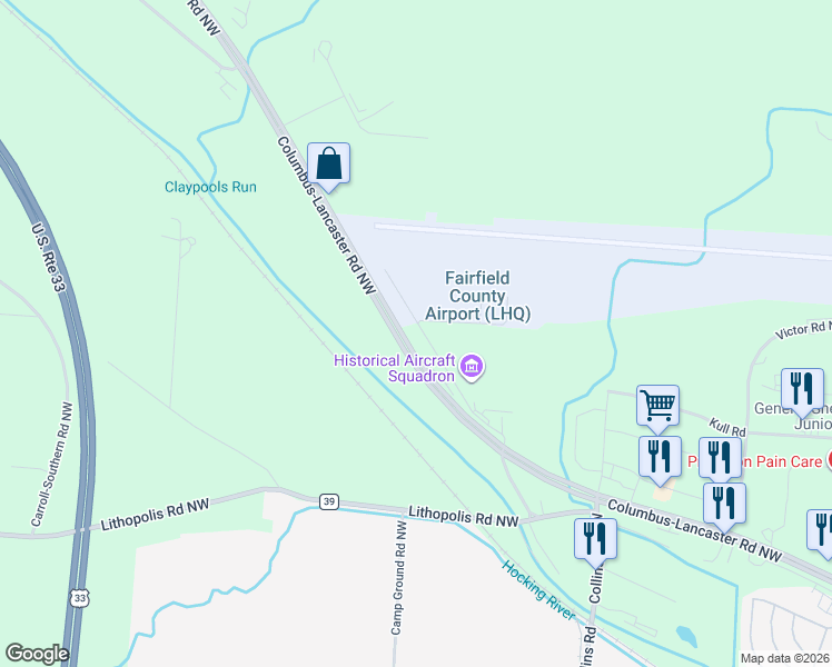 map of restaurants, bars, coffee shops, grocery stores, and more near 3335 Old Columbus Road Northwest in Carroll
