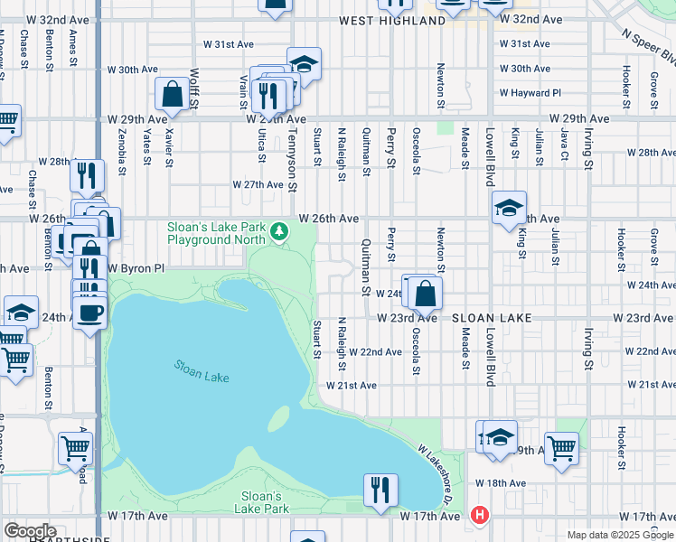map of restaurants, bars, coffee shops, grocery stores, and more near 4205 West Byron Place in Denver