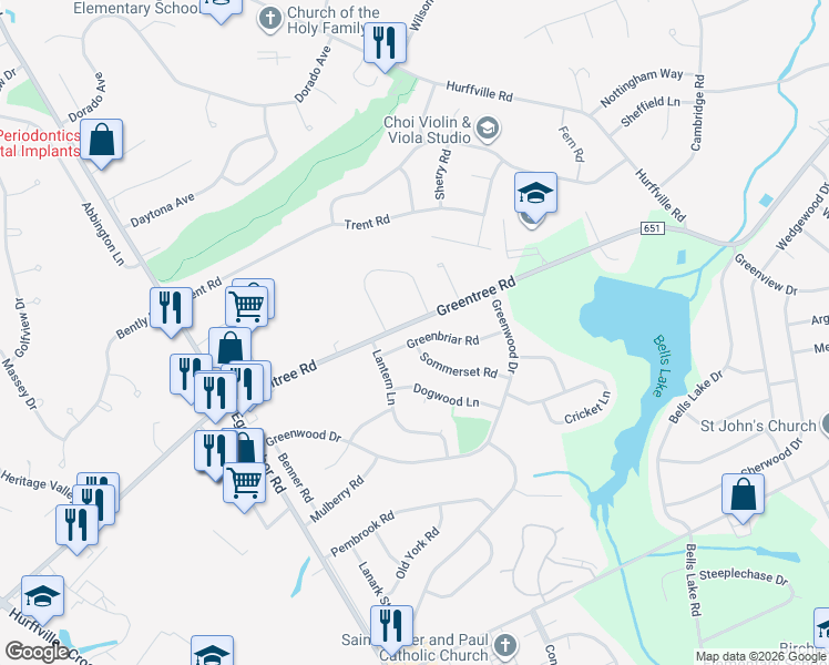 map of restaurants, bars, coffee shops, grocery stores, and more near 12 Greenbriar Road in Washington Township