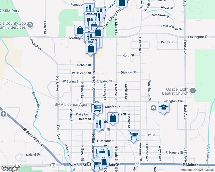 map of restaurants, bars, coffee shops, grocery stores, and more near 908 N Cherry St in Eaton