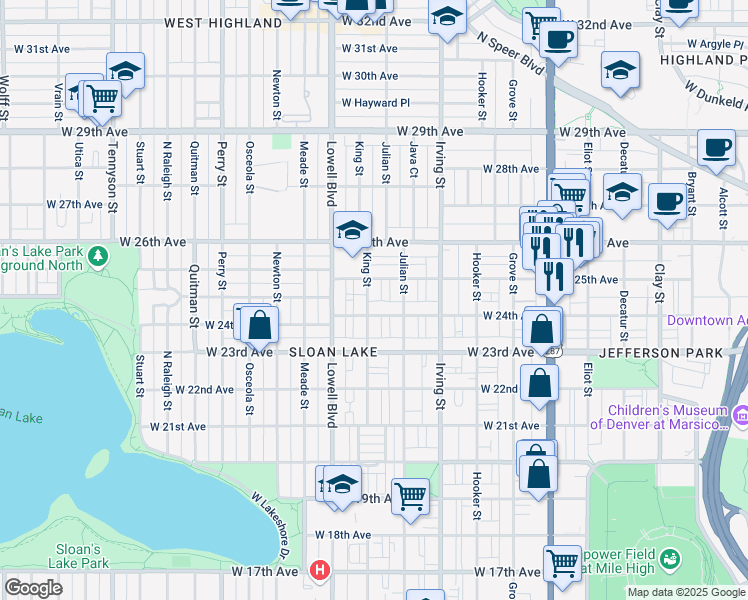 map of restaurants, bars, coffee shops, grocery stores, and more near 2426 King Street in Denver