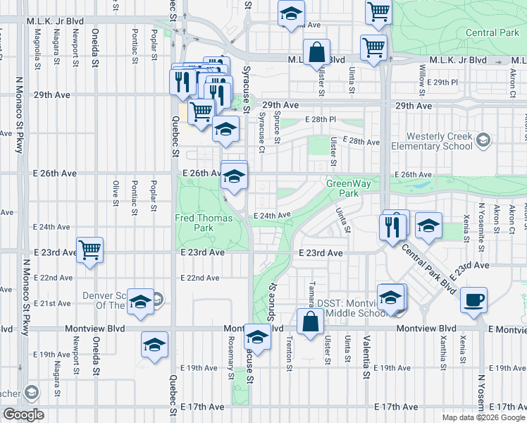 map of restaurants, bars, coffee shops, grocery stores, and more near 7757 East 24th Avenue in Denver