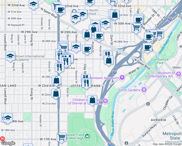 map of restaurants, bars, coffee shops, grocery stores, and more near 2425 Bryant Street in Denver