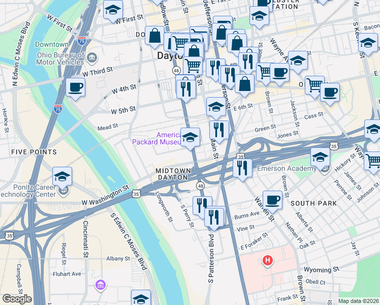 map of restaurants, bars, coffee shops, grocery stores, and more near 505 South Ludlow Street in Dayton