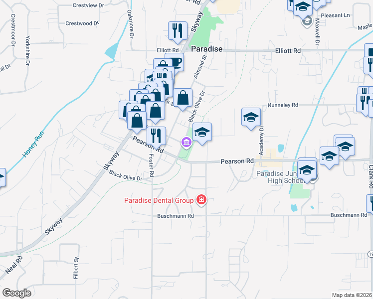map of restaurants, bars, coffee shops, grocery stores, and more near 5570 Black Olive Drive in Paradise