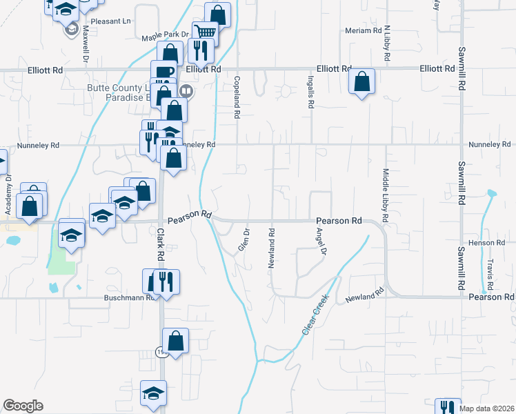 map of restaurants, bars, coffee shops, grocery stores, and more near 5656 Cathy Lane in Paradise