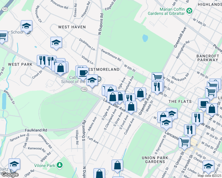 map of restaurants, bars, coffee shops, grocery stores, and more near 4 Corbin Court in Wilmington