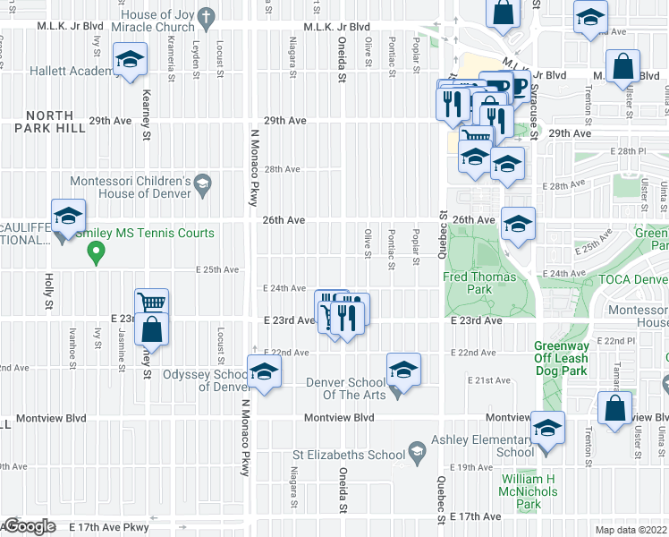 map of restaurants, bars, coffee shops, grocery stores, and more near 2441 Oneida Street in Denver