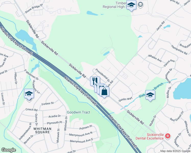 map of restaurants, bars, coffee shops, grocery stores, and more near 132 Presidential Drive in Sicklerville