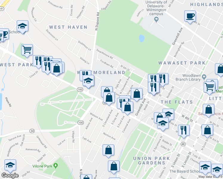 map of restaurants, bars, coffee shops, grocery stores, and more near 3101 Conrad Street in Wilmington