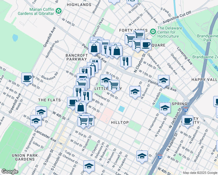 map of restaurants, bars, coffee shops, grocery stores, and more near 901 North Dupont Street in Wilmington