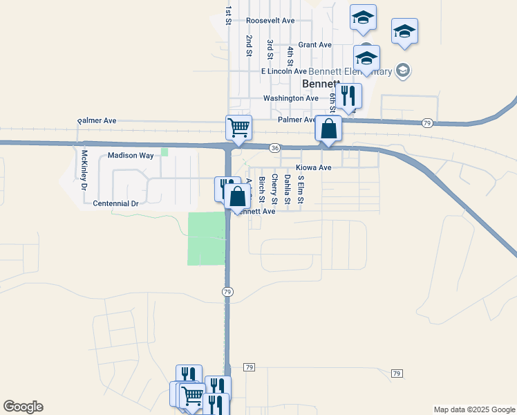 map of restaurants, bars, coffee shops, grocery stores, and more near 291 South Birch Street in Bennett