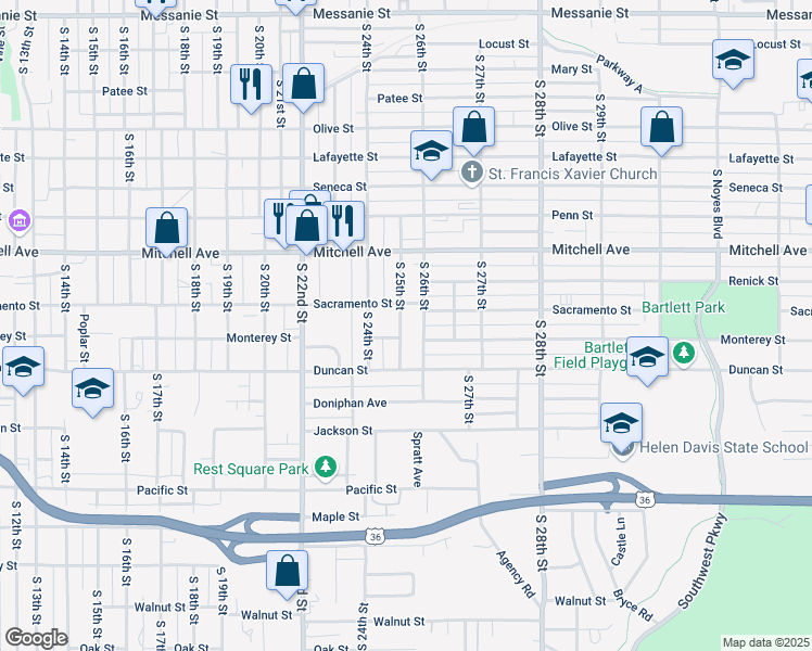 map of restaurants, bars, coffee shops, grocery stores, and more near 1519 South 25th Street in Saint Joseph