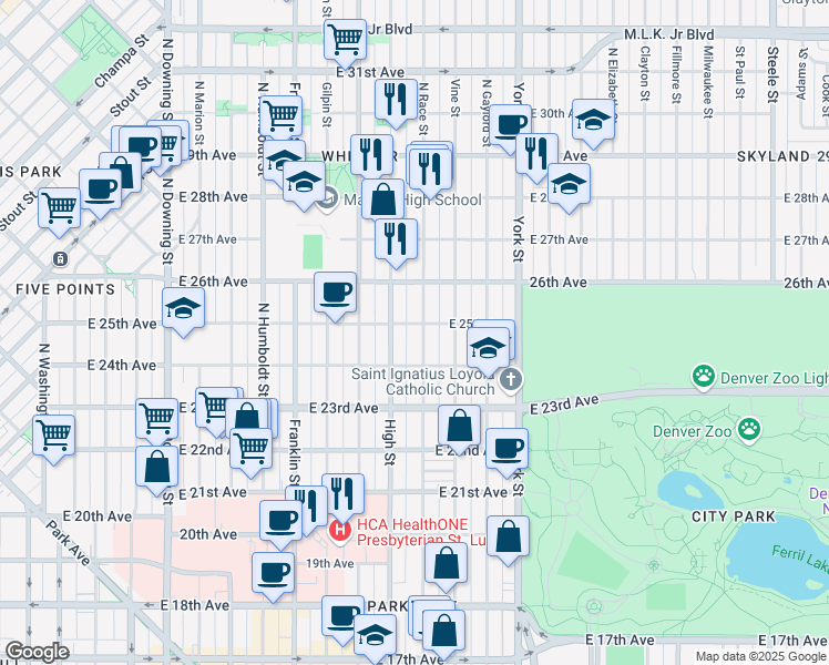 map of restaurants, bars, coffee shops, grocery stores, and more near 2449 Race St in Denver