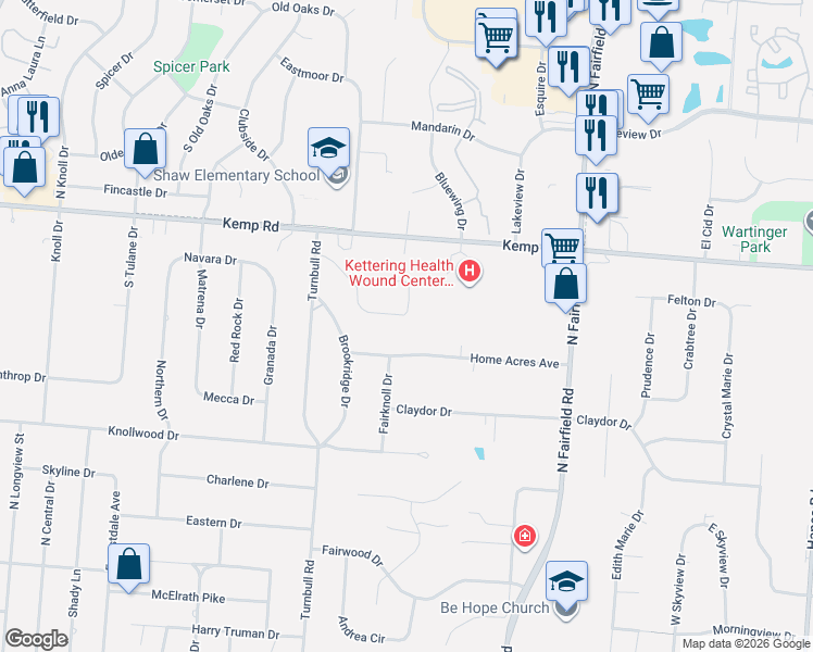 map of restaurants, bars, coffee shops, grocery stores, and more near 3456 South Dakar Drive in Dayton