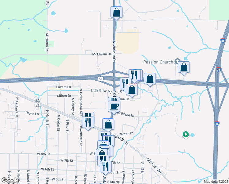 map of restaurants, bars, coffee shops, grocery stores, and more near 1809 North Walnut Street in Cameron