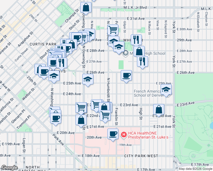 map of restaurants, bars, coffee shops, grocery stores, and more near 2449 Humboldt Street in Denver