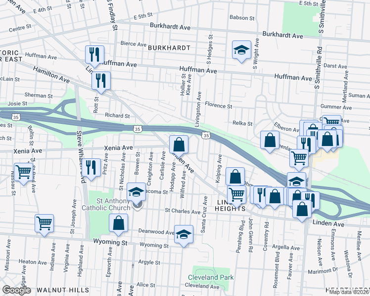 map of restaurants, bars, coffee shops, grocery stores, and more near 444 Livingston Ave in Dayton