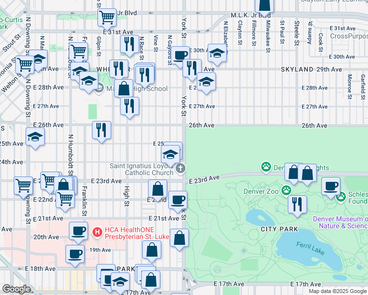 map of restaurants, bars, coffee shops, grocery stores, and more near 2459 York Street in Denver