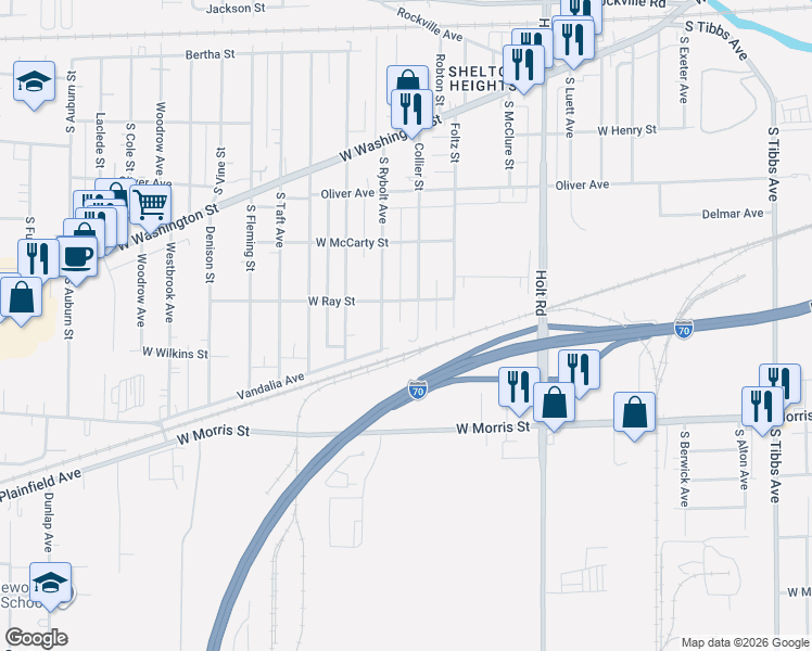 map of restaurants, bars, coffee shops, grocery stores, and more near 1016 Collier Street in Indianapolis