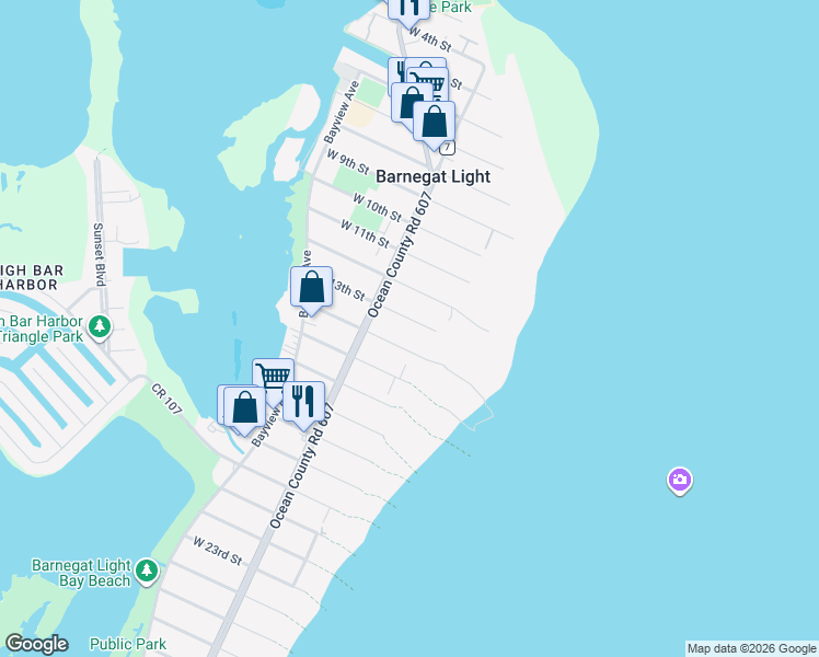map of restaurants, bars, coffee shops, grocery stores, and more near 13 East 13th Street in Barnegat Light