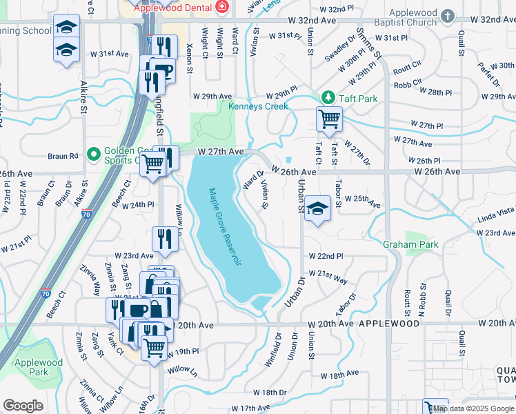 map of restaurants, bars, coffee shops, grocery stores, and more near 2458 Ward Drive in Lakewood