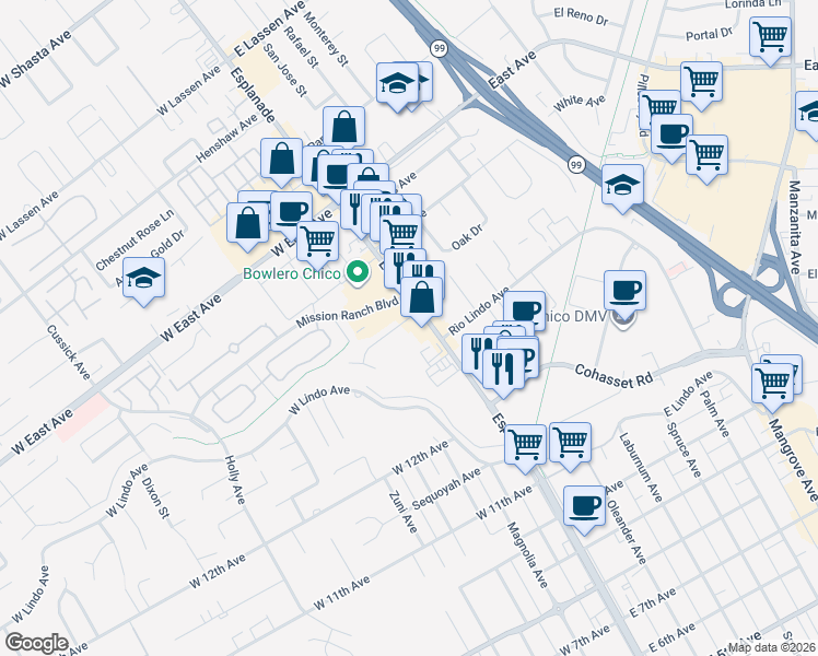 map of restaurants, bars, coffee shops, grocery stores, and more near 111 Macdonald Avenue in Chico