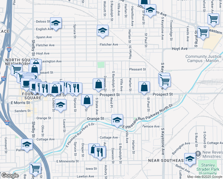 map of restaurants, bars, coffee shops, grocery stores, and more near 1048 South Randolph Street in Indianapolis