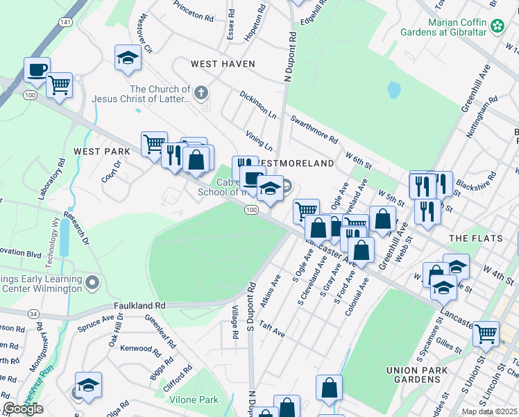 map of restaurants, bars, coffee shops, grocery stores, and more near 101 North Dupont Road in Wilmington