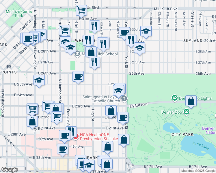 map of restaurants, bars, coffee shops, grocery stores, and more near 2449 Vine Street in Denver