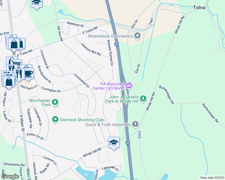 map of restaurants, bars, coffee shops, grocery stores, and more near 17181 Mount Airy Road in Shrewsbury