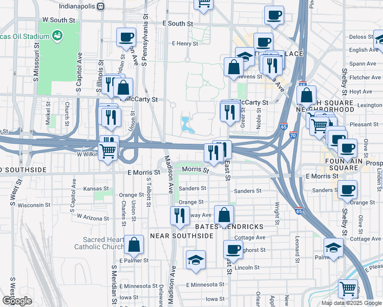 map of restaurants, bars, coffee shops, grocery stores, and more near 1042 High Street in Indianapolis