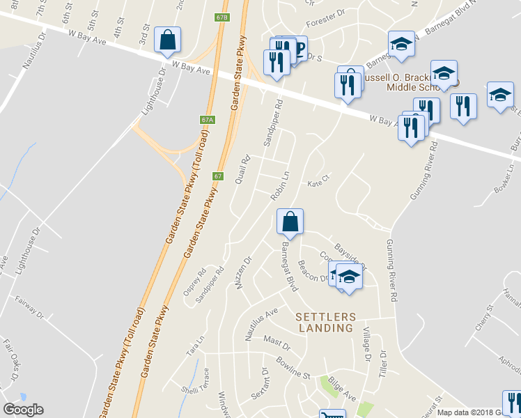 map of restaurants, bars, coffee shops, grocery stores, and more near 76 Robin Ln in Barnegat Township