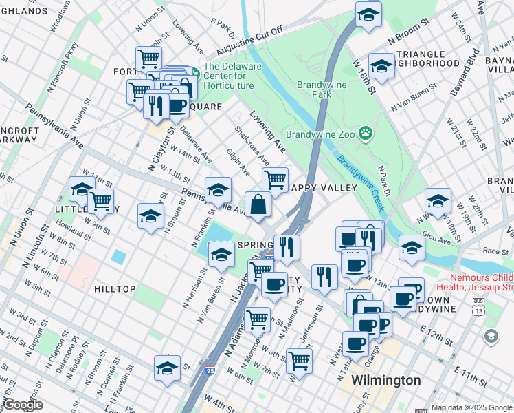 map of restaurants, bars, coffee shops, grocery stores, and more near 1306 Richards Alley in Wilmington