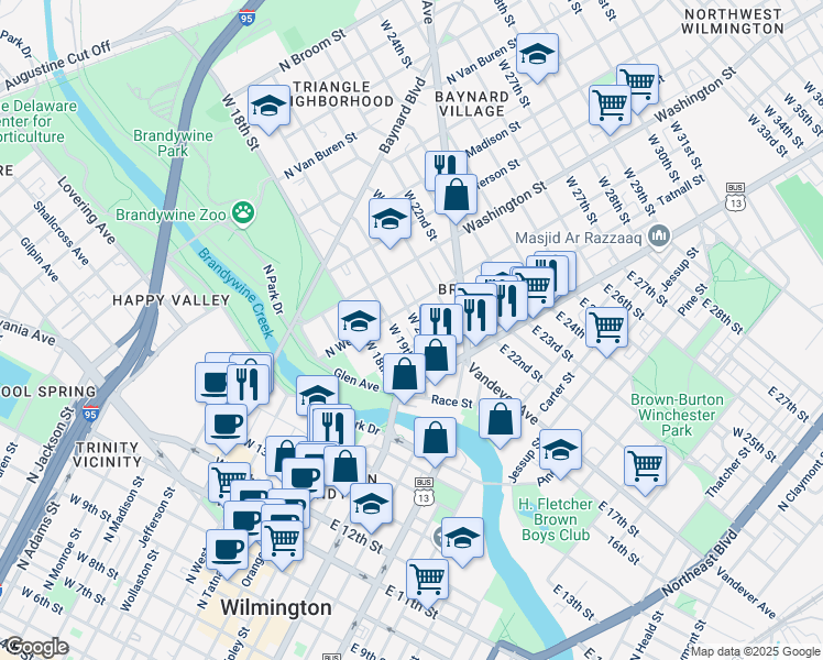 map of restaurants, bars, coffee shops, grocery stores, and more near 114 West 20th Street in Wilmington