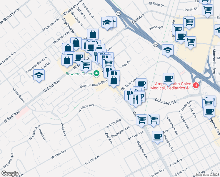 map of restaurants, bars, coffee shops, grocery stores, and more near 111 Macdonald Avenue in Chico