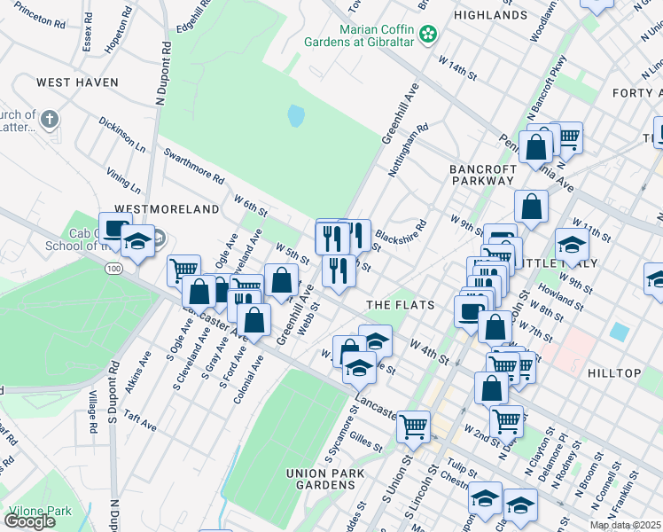 map of restaurants, bars, coffee shops, grocery stores, and more near 508 Greenhill Avenue in Wilmington
