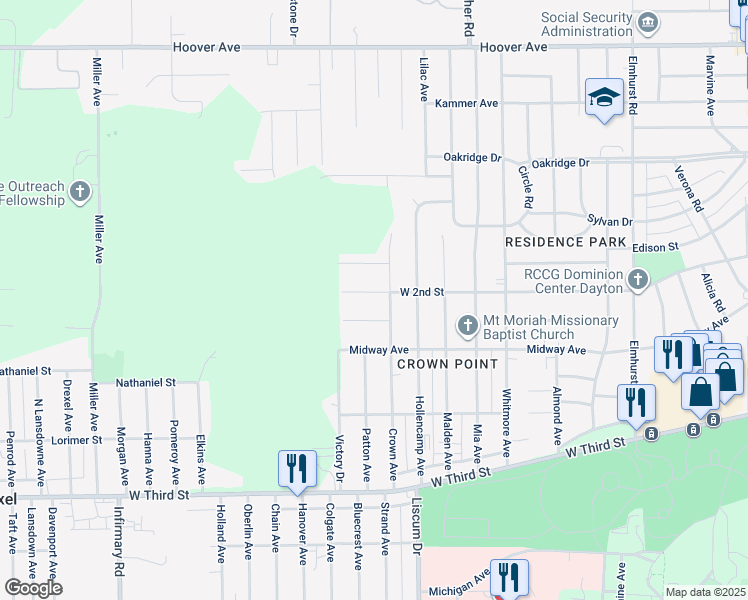 map of restaurants, bars, coffee shops, grocery stores, and more near 5212 West 2nd Street in Dayton